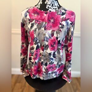 Alfred Dunner Floral Pink/Cream Embellished Knit Cardigan Size: S